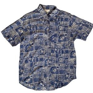 K Arnold 100% Silk Womens Blouse Size M Blue Batik Button Up Boho Indie Preppy